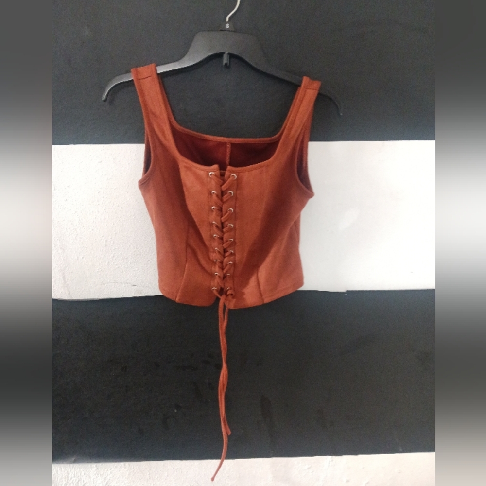 Women Khaki Brown Lace Up Sexy Top - Picture 2 of 8